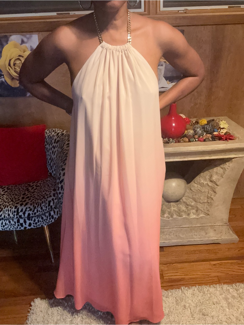Jennifer Lopez Pink Ombre Halter Maxi Dress with Gold Chain
